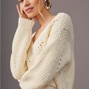 Anthropologie Cozy Cream Knit Layered Ribbed Sweater